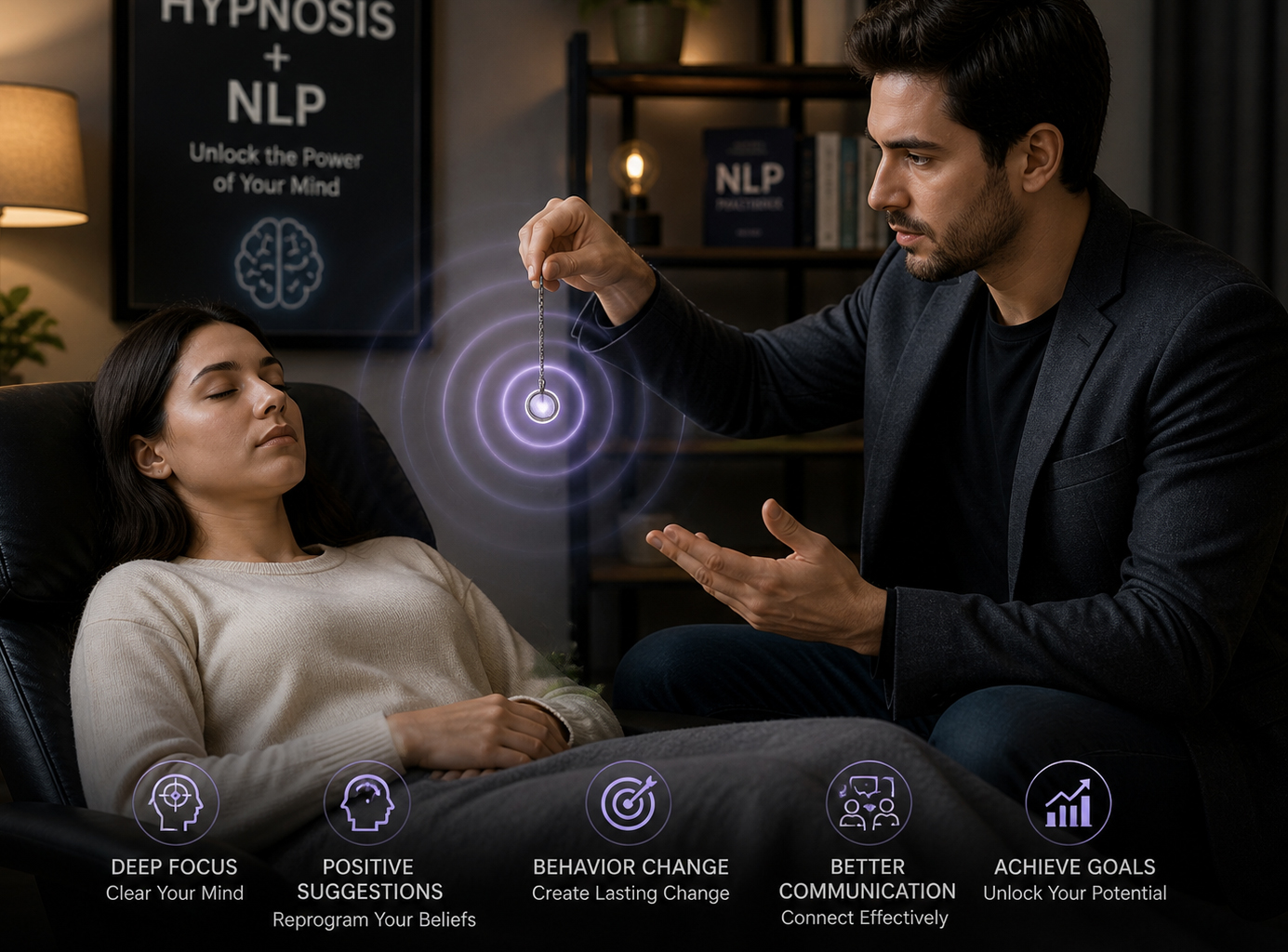 <p>

Hypnosis + NLP (Neuro-Linguistic Programming) is a powerful program designed to help individuals <strong>reprogram their mindset, overcome limitations, and unlock peak performance</strong>. This course combines deep relaxation techniques with practical communication and behavior strategies.

</p>